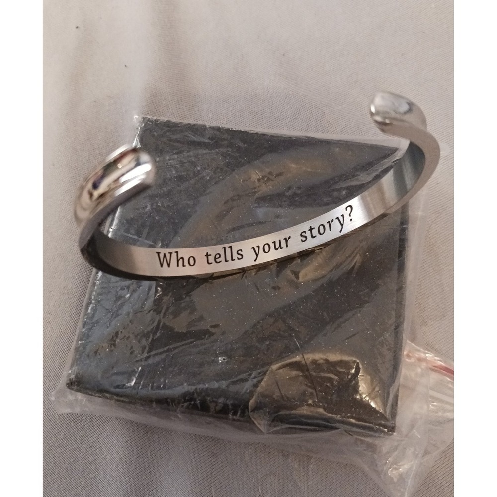 NEW Silver Adjustable Open Cuff Bracelet for Women, "Who Tells Your Story?"
